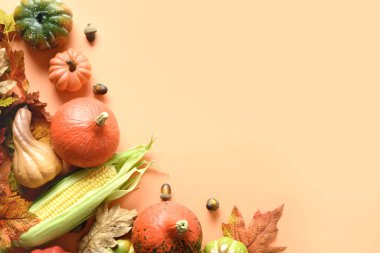 Sonbahar hasadı, balkabağı, mısır koçanı, renkli yapraklarla dolu Şükran Günü kompozisyonu.