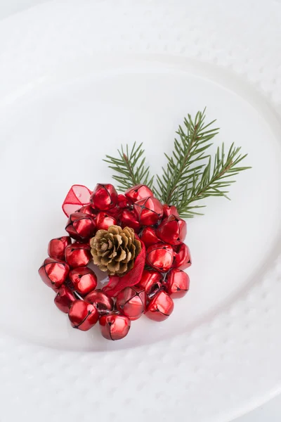 Christmas white plate with christmas pine branches, decorations. Christmas holidays background.  Top view with copy space. — Zdjęcie stockowe