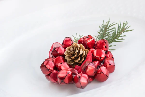 Christmas white plate with christmas pine branches, decorations. Christmas holidays background.  Top view with copy space. — Stock Fotó