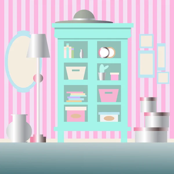 Cupboard, mirror, lamp, vase and boxes in room. — ストックベクタ