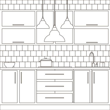 Illustration of kitchen interior design made in line style vector.