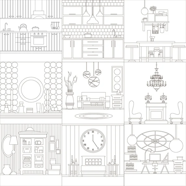 Collection of interior design made in line vector style. — ストックベクタ