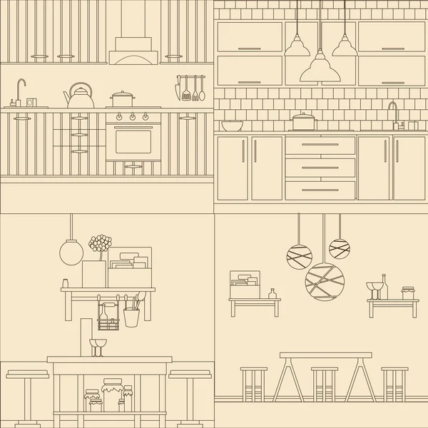 Векторный набор дизайна интерьера кухни — стоковый вектор