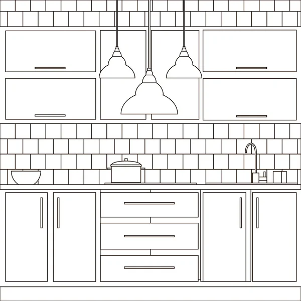 Illustrazione di interior design cucina fatta in linea vettore stile . — Vettoriale Stock