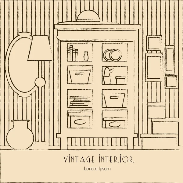 Ilustração vetorial de sala com armário, espelho, lâmpada, vaso e caixas . —  Vetores de Stock