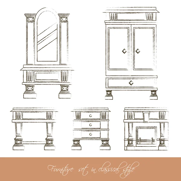 Vector collection of classical furniture made in hand drawn charcoal  line style. — Stock Vector