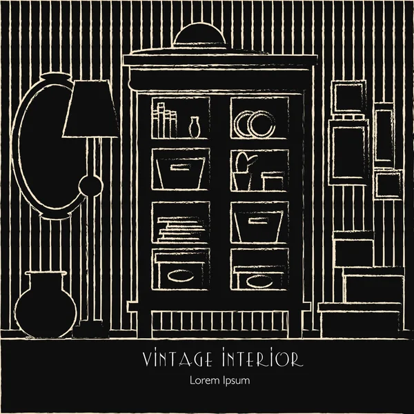Ilustração vetorial de sala com armário, espelho, lâmpada, vaso e caixas —  Vetores de Stock