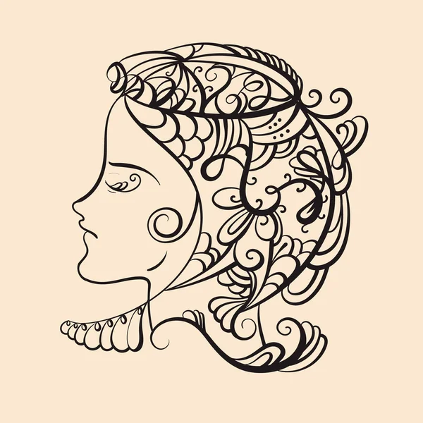 Ilustración colorida vectorial de perfil de mujer realista con elementos de hadas ondulados dibujados a mano y encaje . — Vector de stock