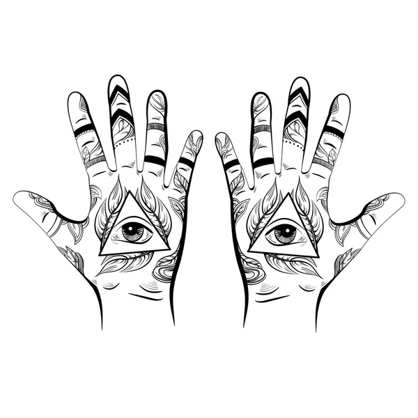 Illusion der Hand mit allen sehenden Augen Pyramidensymbol. — Stockvektor