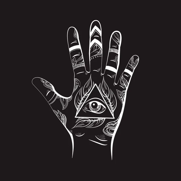 Illusion der Hand mit allen sehenden Augen Pyramidensymbol. — Stockvektor