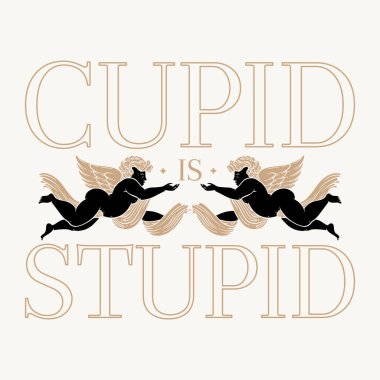 Aşk tanrısı aptaldır. Elle çizilmiş illüstrasyonlu vektör levhası izole edildi. Yaratıcı sanat eserleri. Kart, poster, afiş, tişört, rozet, yama için baskı şablonu.