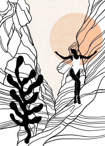 Wektor Ręcznie Rysowane Ilustracji Kanionu Dziewczyną Stroju Swinsuit Abstrakcyjny Kwiatowy — Wektor stockowy
