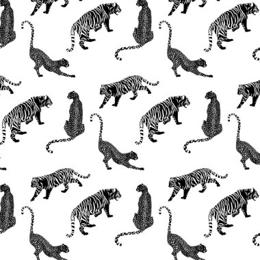 Çita ve kaplanların el çizimi minimalist çizimi ile vektör deseni. Yaratıcı sanat eserleri. Kart, poster, afiş, tişört, rozet, yama için baskı şablonu.