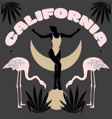Califronia. Vector hand drawn flat  illustration of girl on the ball with flamingo and palms. Creative artwork.  Template for card, poster, banner, print for t-shirt, pin, badge, patch. clipart