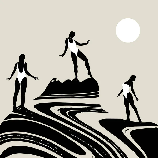 Wektor Ręcznie Rysowane Minimalistyczna Ilustracja Dziewcząt Stroju Kąpielowym Surrealistycznym Krajobrazie — Wektor stockowy