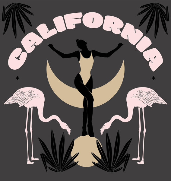 Califronia. Vector hand drawn flat  illustration of girl on the ball with flamingo and palms. Creative artwork.  Template for card, poster, banner, print for t-shirt, pin, badge, patch.