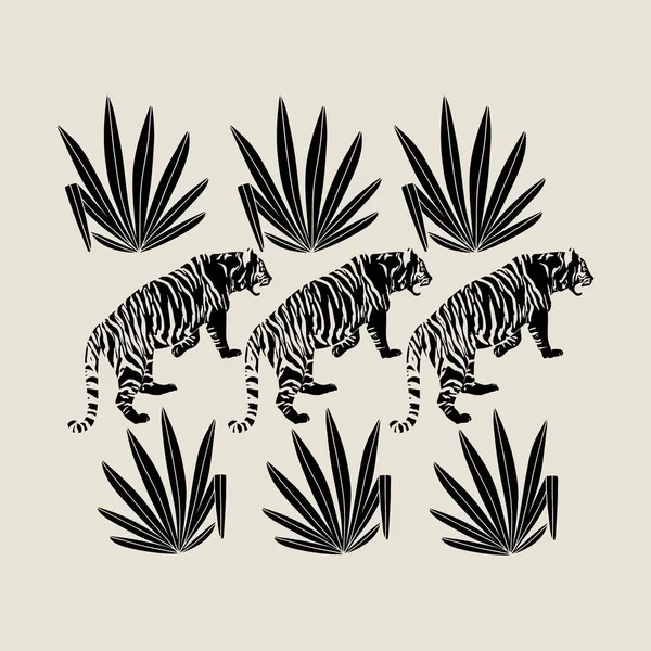 熱帯の葉を持つトラのベクトルハンドはミニマルなイラストを描きました 創作活動 カード ポスター バナー Tシャツ バッジ パッチ用のテンプレート — ストックベクタ
