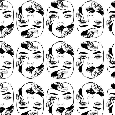 Salyangozlarla kızın yüzünü gösteren vektör el çizimi. Gerçeküstü dövme çizimi. Kart, poster, afiş, tişört, rozet, yama için baskı şablonu.