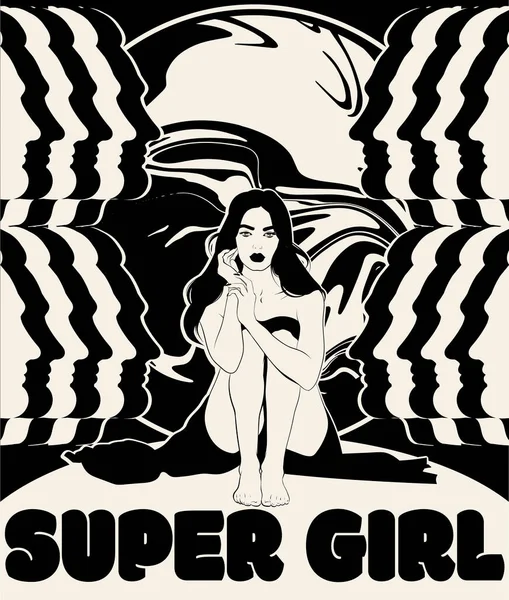 スーパーガール 男性のプロフィールのシルエットを持つ少女のベクトル手描きイラスト 創造的な現実的なアートワーク カード ポスター バナー Tシャツ バッジ パッチ用のテンプレート — ストックベクタ