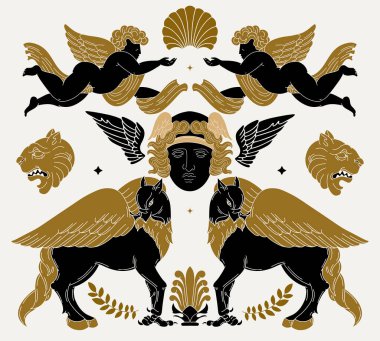 Vektör el çizimi cupidlerin, hipogriflerin, aslanların ve kafaların çizimi. Yaratıcı sanat eserleri. Kart, poster, afiş, tişört, rozet, yama için baskı şablonu.