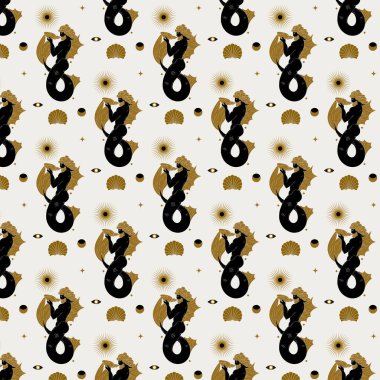 Triton 'un el çizimiyle çizilmiş vektör deseni. Deniz kızı kabuklu portresi olan yaratıcı sanat eserleri. Kart, poster, afiş, tişört, rozet, yama için baskı şablonu.