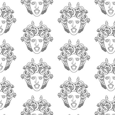 Medusa Gorgon 'un el çizimiyle çizilmiş vektör deseni. Portreyle birlikte yaratıcı sanat eserleri. Kart, poster, afiş, tişört, rozet, yama için baskı şablonu.