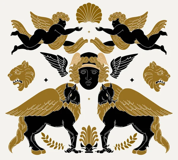 Διάνυσμα Ζωγραφισμένα Στο Χέρι Εικονογράφηση Των Cupids Ιππόγρυφ Λιοντάρια Κεφάλι — Διανυσματικό Αρχείο