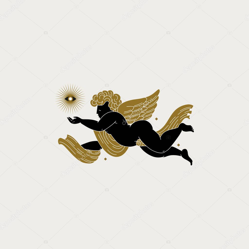 Vector hand drawn illustration of cupids with wings. Creative artwork. Template for card, poster, banner, print for t-shirt, pin, badge, patch.
