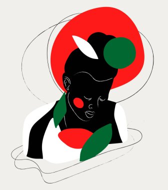 Vektör el, kadının kafasının minimalist çizimini yaptı. Yaratıcı sanat eserleri. Kart, poster, afiş, tişört, rozet, yama için baskı şablonu.