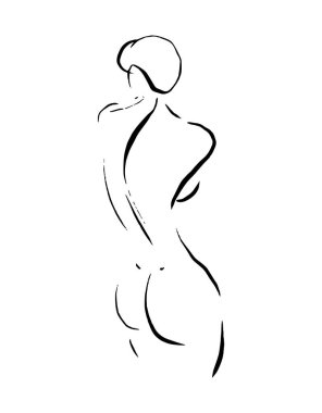 Vektör el, kadın sırtının minimalist çizimini yaptı. Yaratıcı bir sanat eseri. Kart, poster, afiş, tişört, rozet, yama için baskı şablonu.