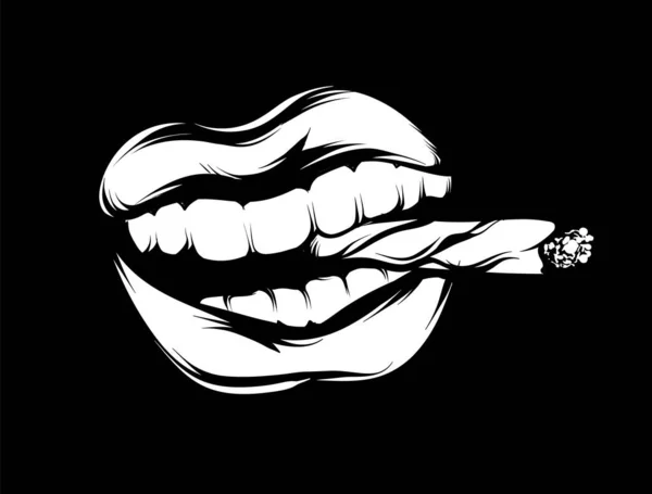 Illustration Vectorielle Dessinée Main Bouche Avec Cigarette Modèle Pour Carte — Image vectorielle