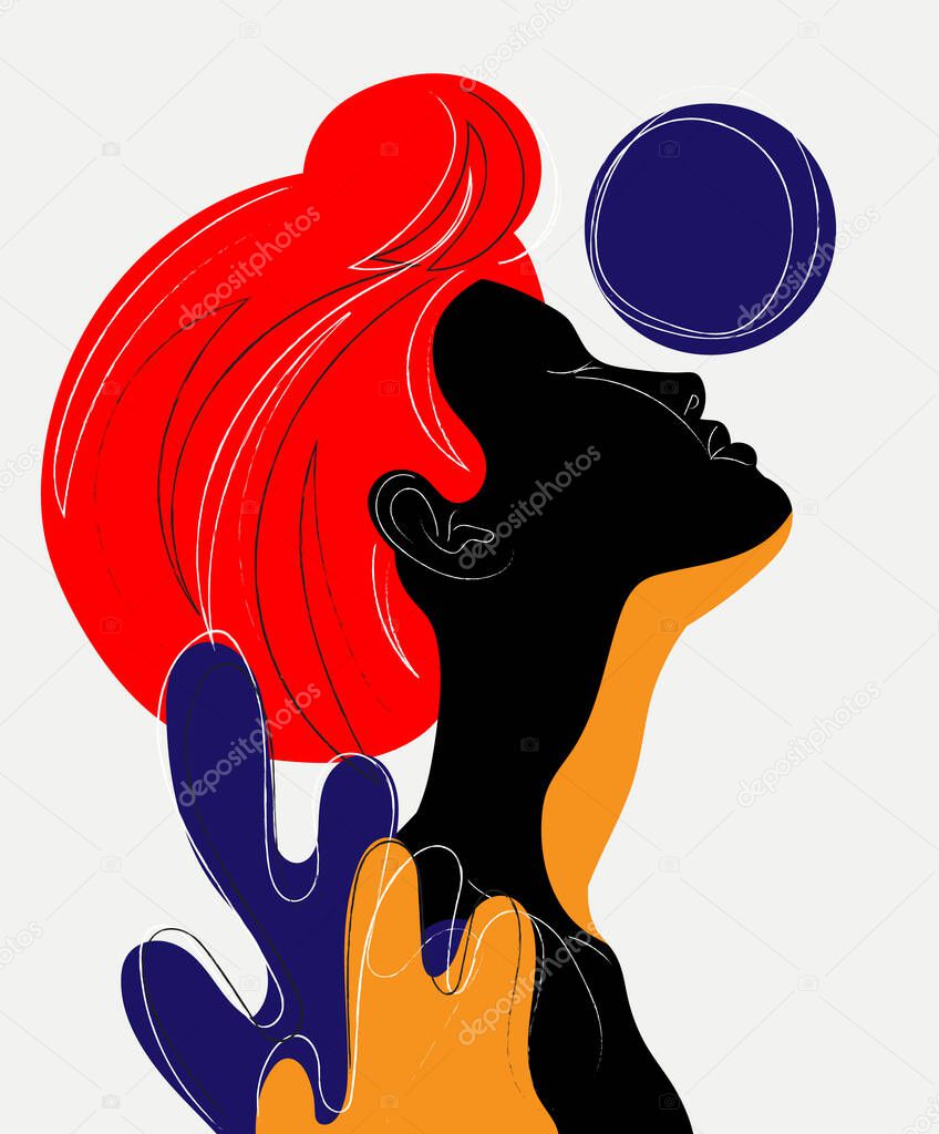 Vector hand drawn minimalistic illustration of woman's head in turban. Creative artwork . Template for card, poster, banner, print for t-shirt, pin, badge, patch.