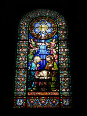 Doğum sahnesi. Vitray pencere manastırda Montserrat, İspanya.