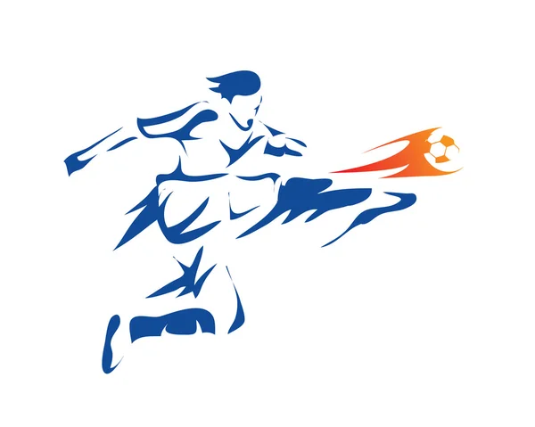 Modern Soccer Player In Action Logo - Flying Goal Kick On Fire — Stock Vector