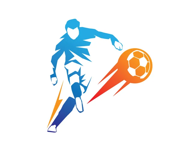 Modern Soccer Player In Action Logo - Aggressive On Fire Kick — Stock Vector