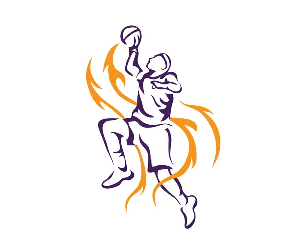 Joueur professionnel moderne de basket-ball en action Logo - Flaming Dunk volant professionnel — Image vectorielle