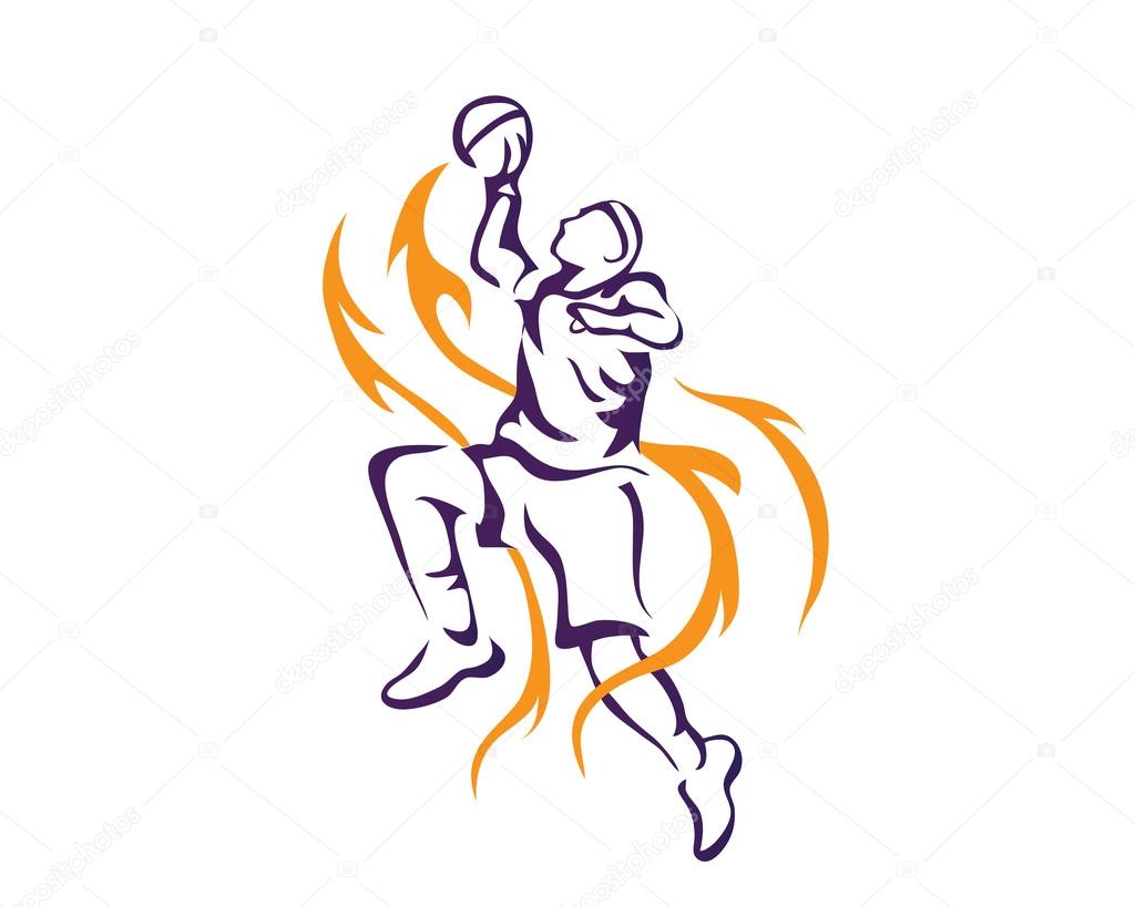 Modern Professional Basketball Player In Action Logo Doing Professional Flying Flaming Dunk