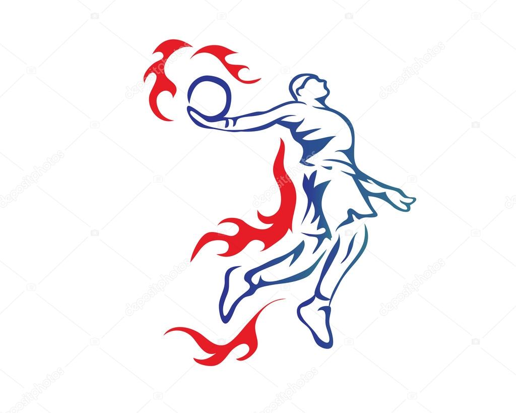 Modern Professional Basketball Player In Action Logo Doing Passionate Flaming Slam Dunk