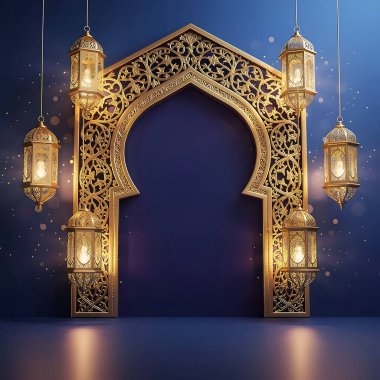 Altın fenerlerle bezenmiş zarif İslami kemer yolu, yıldızlı gece atmosferiyle zengin mavi bir arka plana kurulmuş, lüks ve ruhani bir duyguyu çağrıştırıyor..