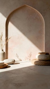 Yumuşak doğal ışık, dekoratif kemerli bir iç mekanı, dokuma hasırındaki taşları ve bitkilerle dolu bir vazoyu aydınlatır, sakinlik ve sükunet hissi uyandırır..