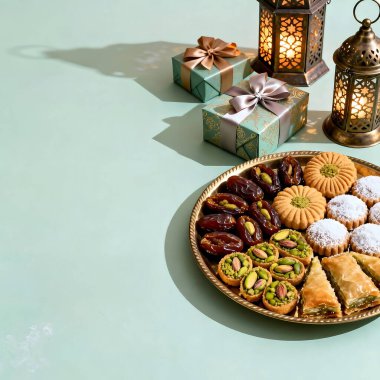 Geleneksel Orta Doğu tatlılarına ve güzel paketlenmiş hediyeler ve sıcak fenerlerle çevrili lüks altın bir tabakta, Ramazan ya da bayram kutlamaları için mükemmel tarihlere sahip.