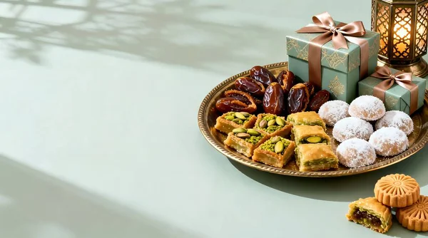 Geleneksel Ortadoğu tatlıları ve altın bir tepside sunulan hediyeler, Ramazan Bayramı ya da Ramazan Bayramı gibi kutlamalar için mükemmel..