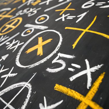 Eğitim amaçlı sarı ve beyaz tebeşirle tahtaya çizilmiş matematik denklemleri ve sembolleri