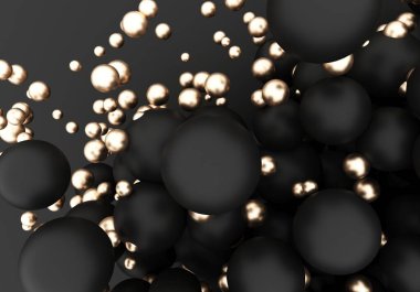 Uzayda siyah ve altın inciler uçar. Matte ve parlak parıltılı küre 3 boyutlu toplar düşüyor - resimleme. Soyut moda stil duvar kağıdı arkaplanı