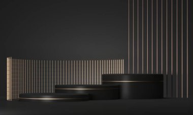 Siyah arka planda kaidesi olan modern bir iş podyumunun 3D canlandırması