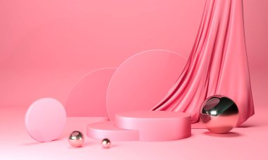 Podyum ve pembe kürelerle soyut arkaplanın 3D görüntüsü