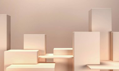 Modern bir iş merkezinin 3 boyutlu tasarımı bir podyum içeriyor.