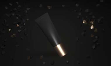 Siyah zemin üzerinde altın rengi sıvı sabun köpüklerinin 3 boyutlu bir çizimi