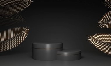 Siyah arkaplanda kaidesi olan beyaz bir podyumun 3D canlandırması.