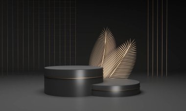 Siyah arkaplanda kaidesi olan beyaz bir podyumun 3D canlandırması.